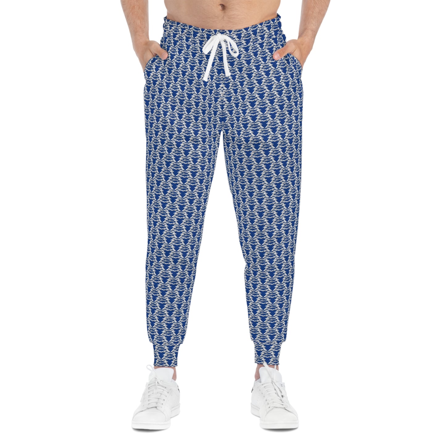 Blue & White MAJBWR Athletic Joggers — All-Over Print