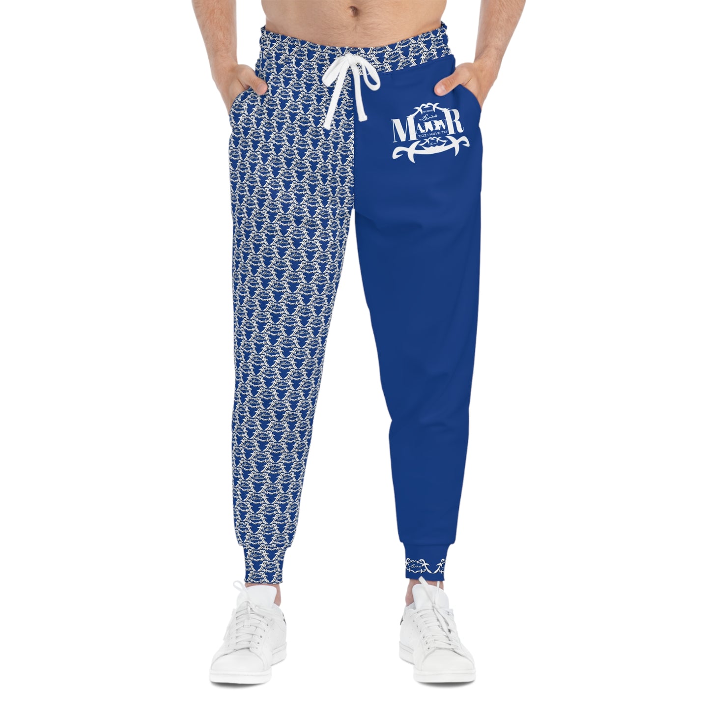 MAJBWR - Dark Blue & White Print Joggers Frontal - AOP 2 Face