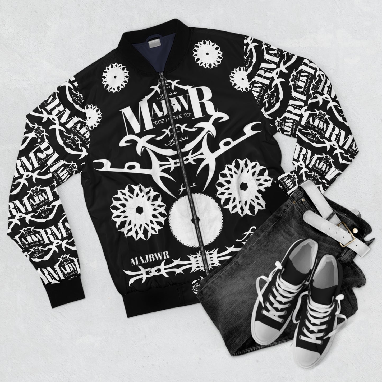 MAJBWR - Black Tribal Graphic Bomber Jacket — MAJBWR Logo All-Over Print