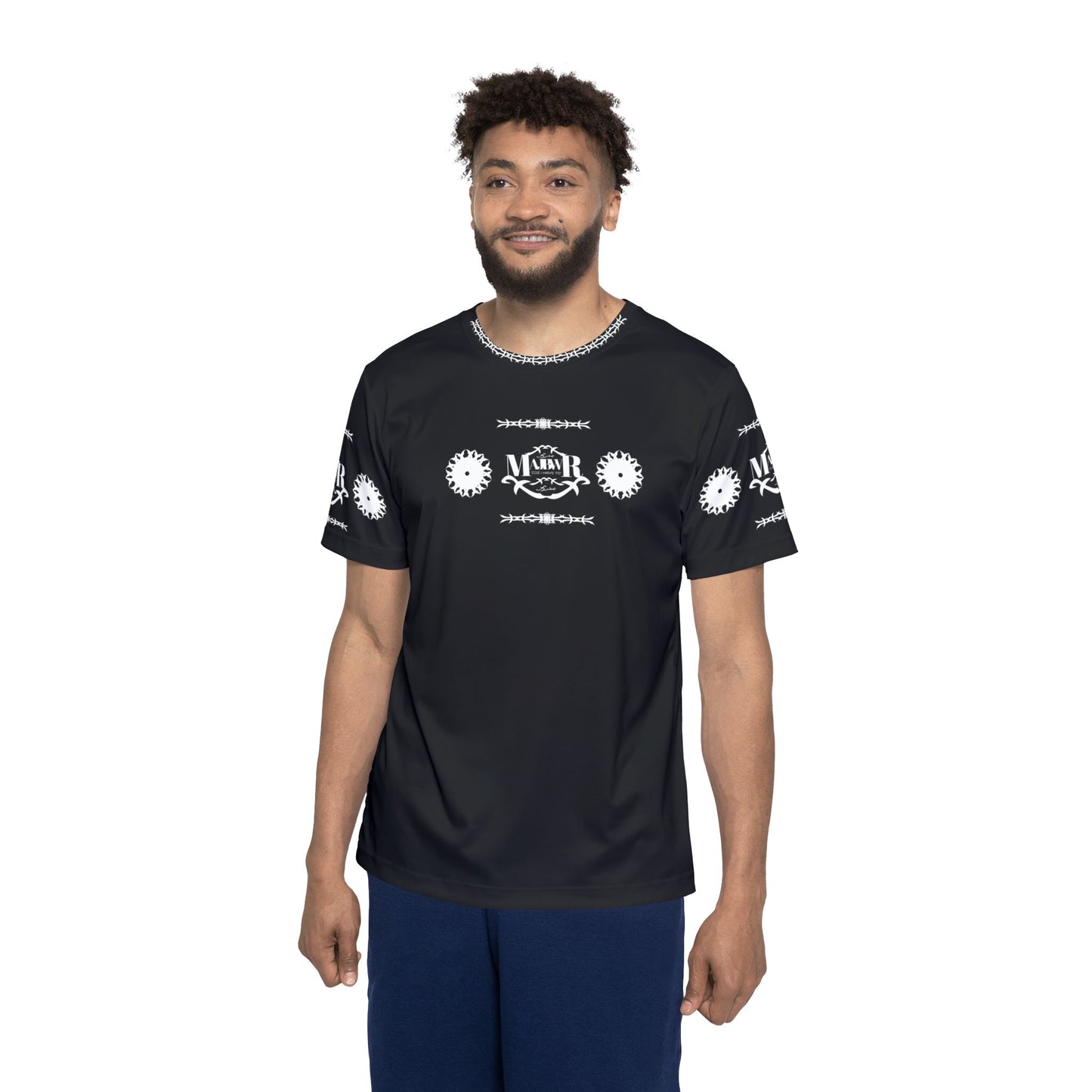 MAJBWR - Men's Black Athletic Jersey with White Crest & Gear Motif