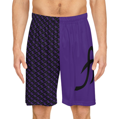 MAJBWR - Purple Split-Panel Basketball Shorts with Script Logo — Athletic AOP Sports Shorts