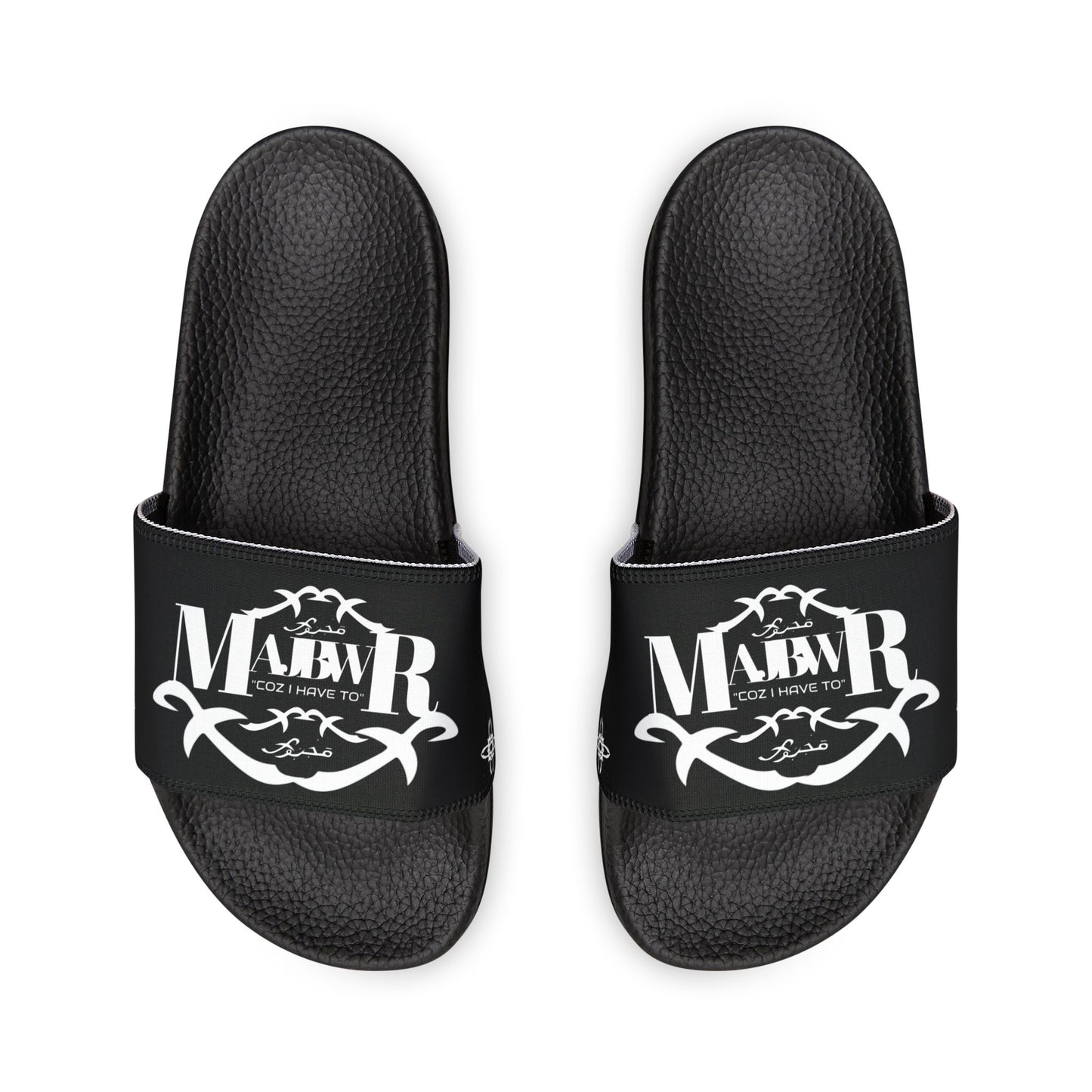 MAJBWR - Men's Graphic Slide Sandals — Black Script Logo Removable-Strap Pool Slides