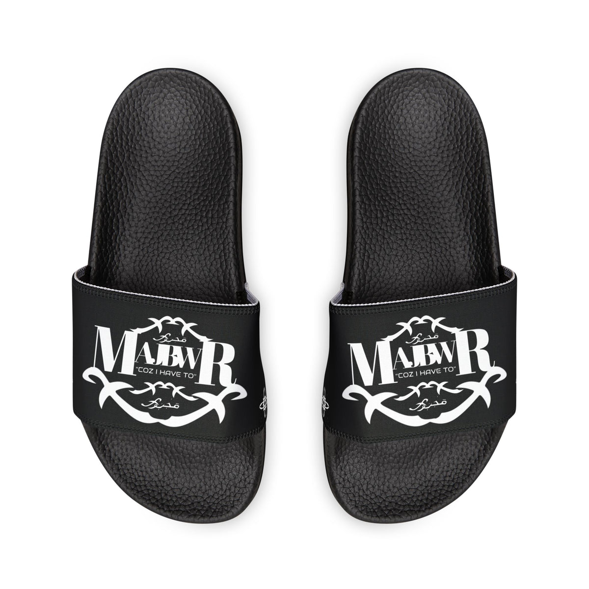 MAJBWR - Men's Graphic Slide Sandals — Black Script Logo Removable-Strap Pool Slides
