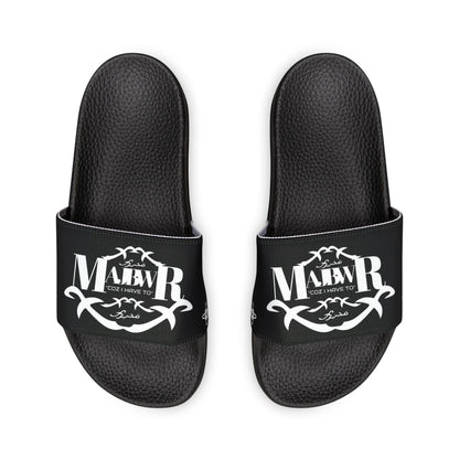 MAJBWR - Men's Graphic Slide Sandals — Black Script Logo Removable-Strap Pool Slides