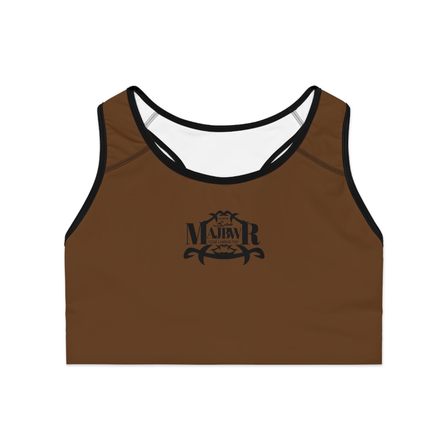 MAJBWR - Dark Brown Athletic Sports Bra — ‘Majbwr’ Script Logo Performance Crop Top