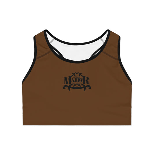 MAJBWR - Dark Brown Athletic Sports Bra — ‘Majbwr’ Script Logo Performance Crop Top