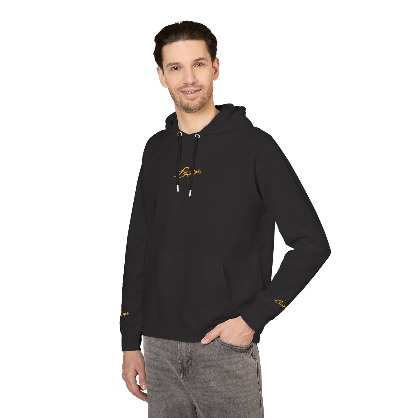 Embroidered Eco Raglan Hoodie — Sustainable Black Hooded Sweatshirt