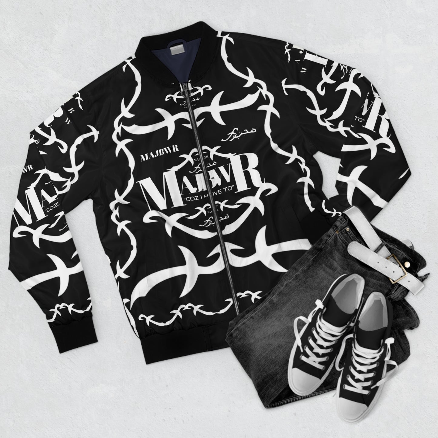 MAJBWR - Men's Black Barbed Wire Bomber Jacket – 'MALWR' Graphic Streetwear