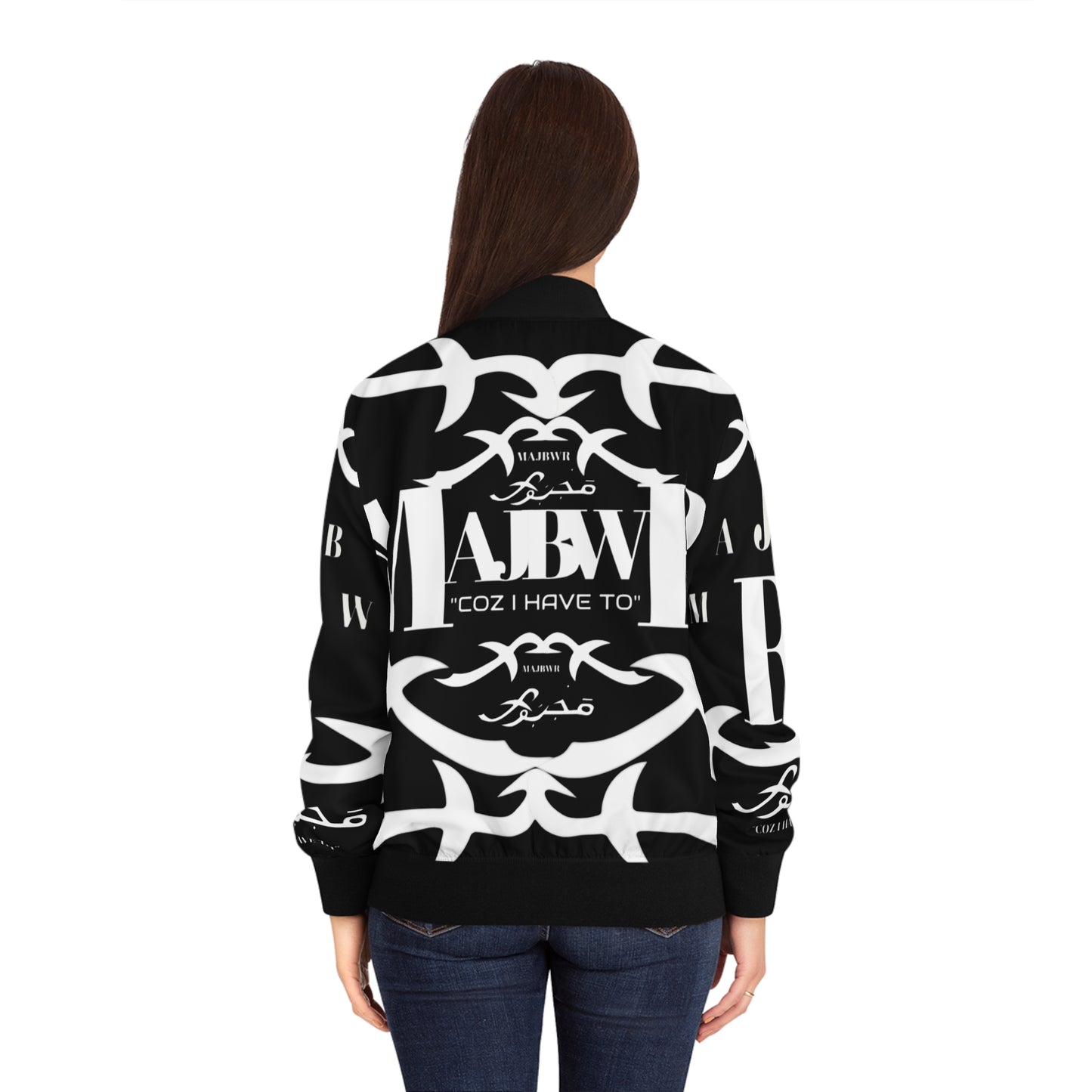 MAJBWR - Black & White Logo Bomber Jacket — Graphic Patterned Women's Bomber