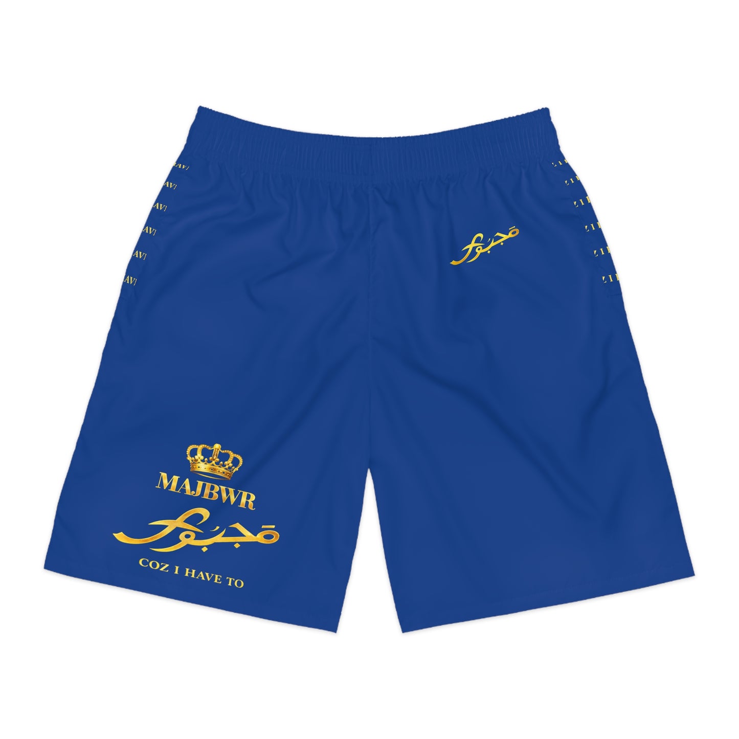 Men's Dark Blue & Gold Jogger Shorts — "Coz I Have To" Athletic Pattern