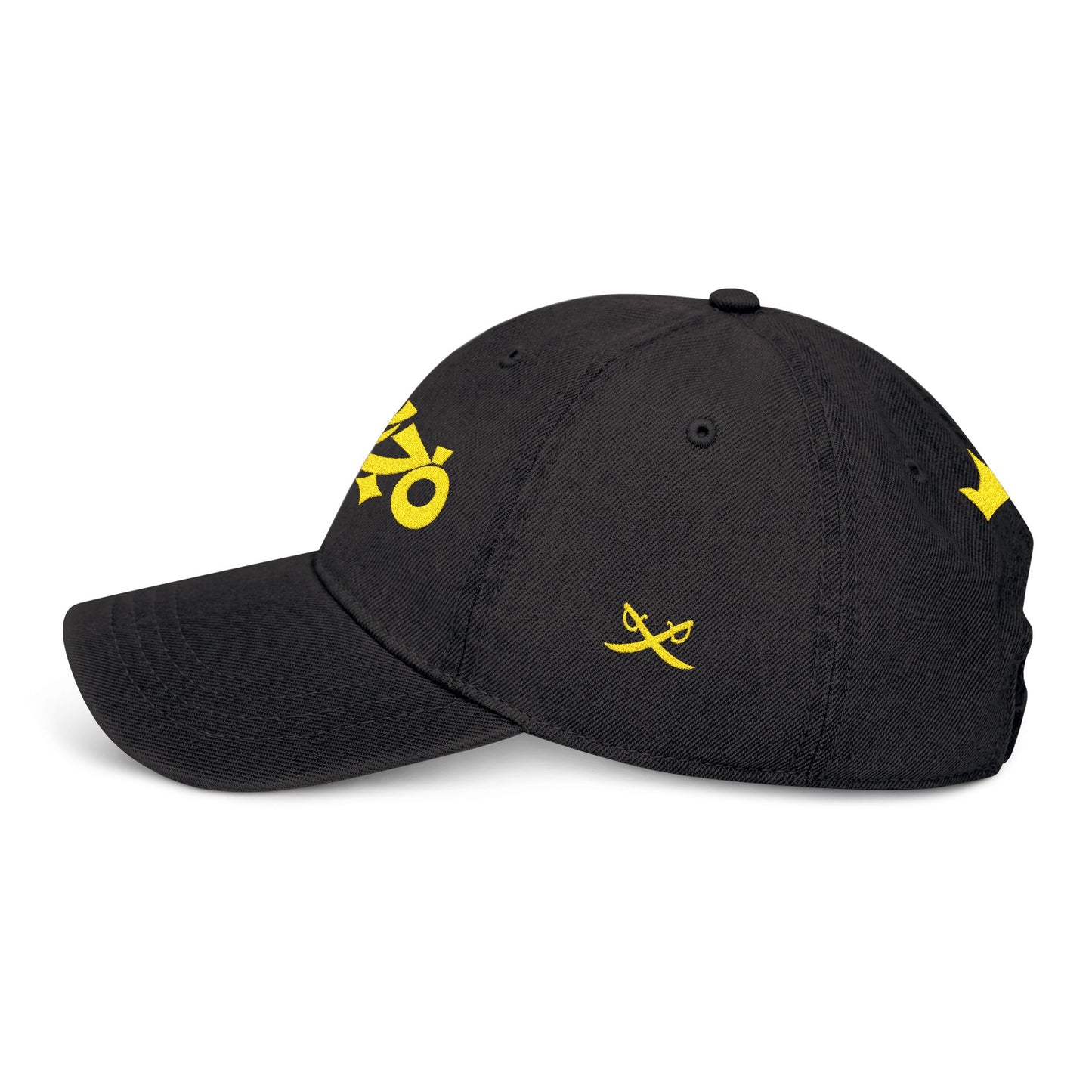 MAJBWR - Embroidered Crown & Sword Arabic Script Denim Hat — Gold Calligraphy Cap LTD