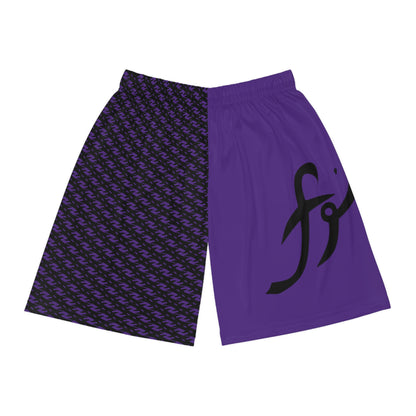 MAJBWR - Purple Split-Panel Basketball Shorts with Script Logo — Athletic AOP Sports Shorts