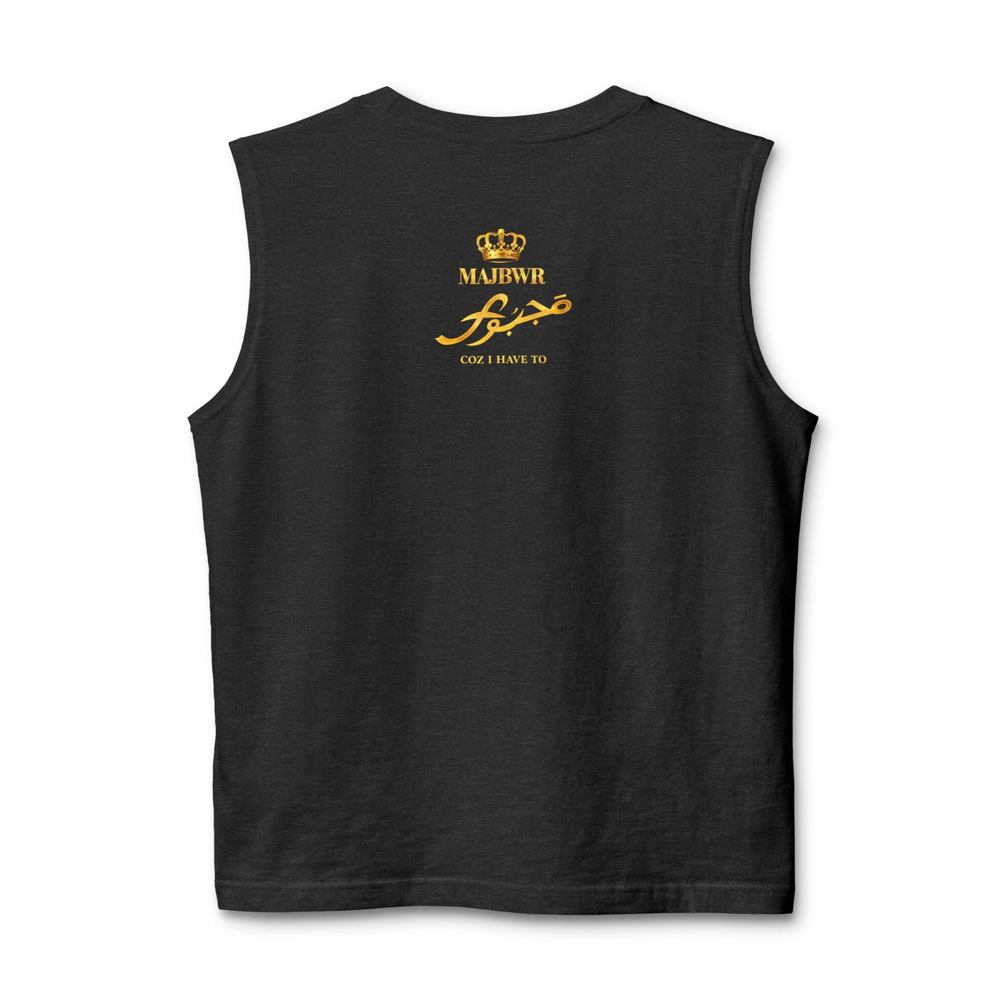 MAJBWR - Majesty Script Muscle Tank — Gold Crown Graphic Sleeveless Top