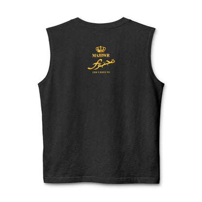 MAJBWR - Majesty Script Muscle Tank — Gold Crown Graphic Sleeveless Top