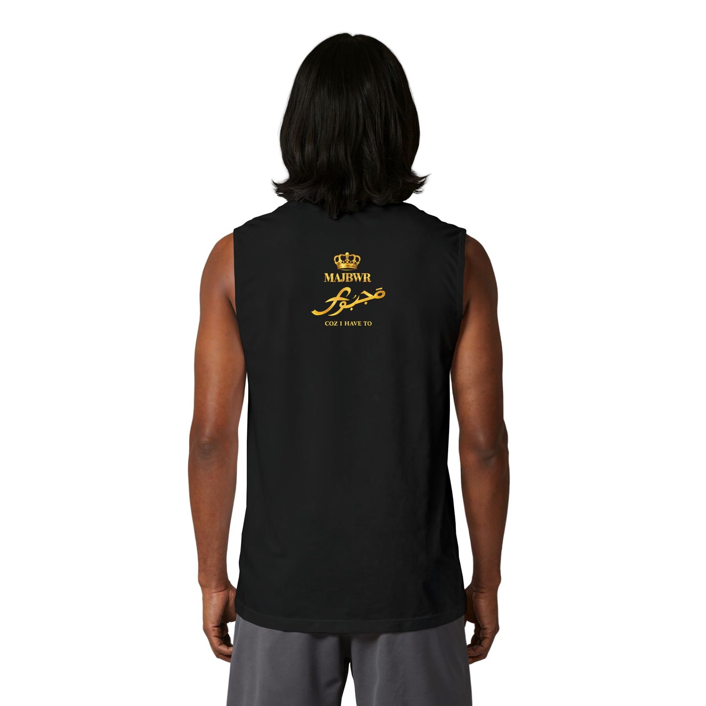 MAJBWR - Majesty Script Muscle Tank — Gold Crown Graphic Sleeveless Top