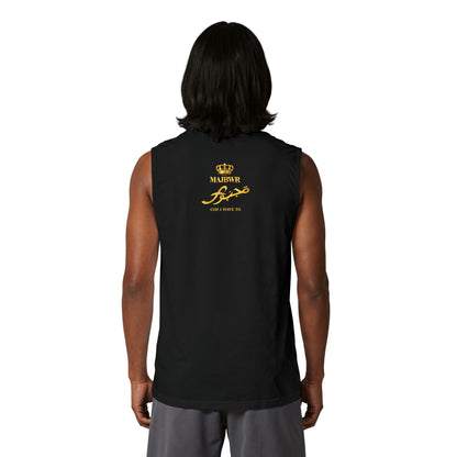 MAJBWR - Majesty Script Muscle Tank — Gold Crown Graphic Sleeveless Top