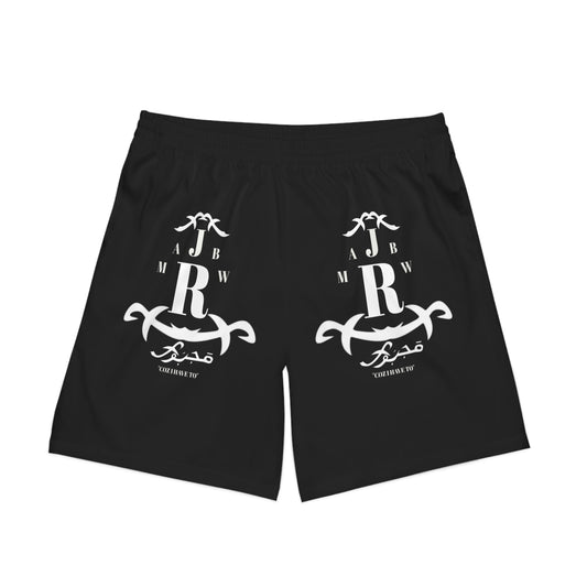 MAJBWR - Men's Black Anchor Crest Beach Shorts — Nautical Half-Pattern Swim Trunks
