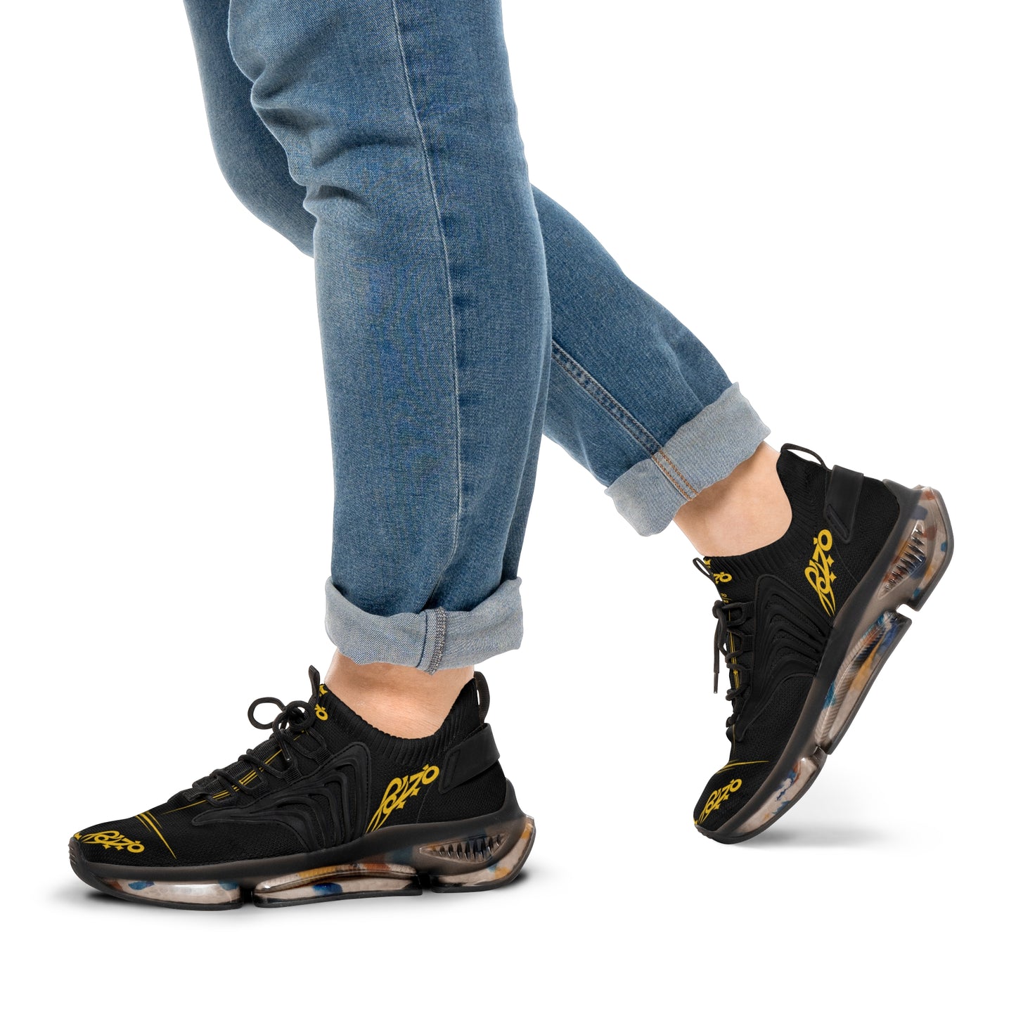 MAJBWR - Men's Mesh Sneakers — Black & Gold Athletic Casual Shoes with Graphic Script