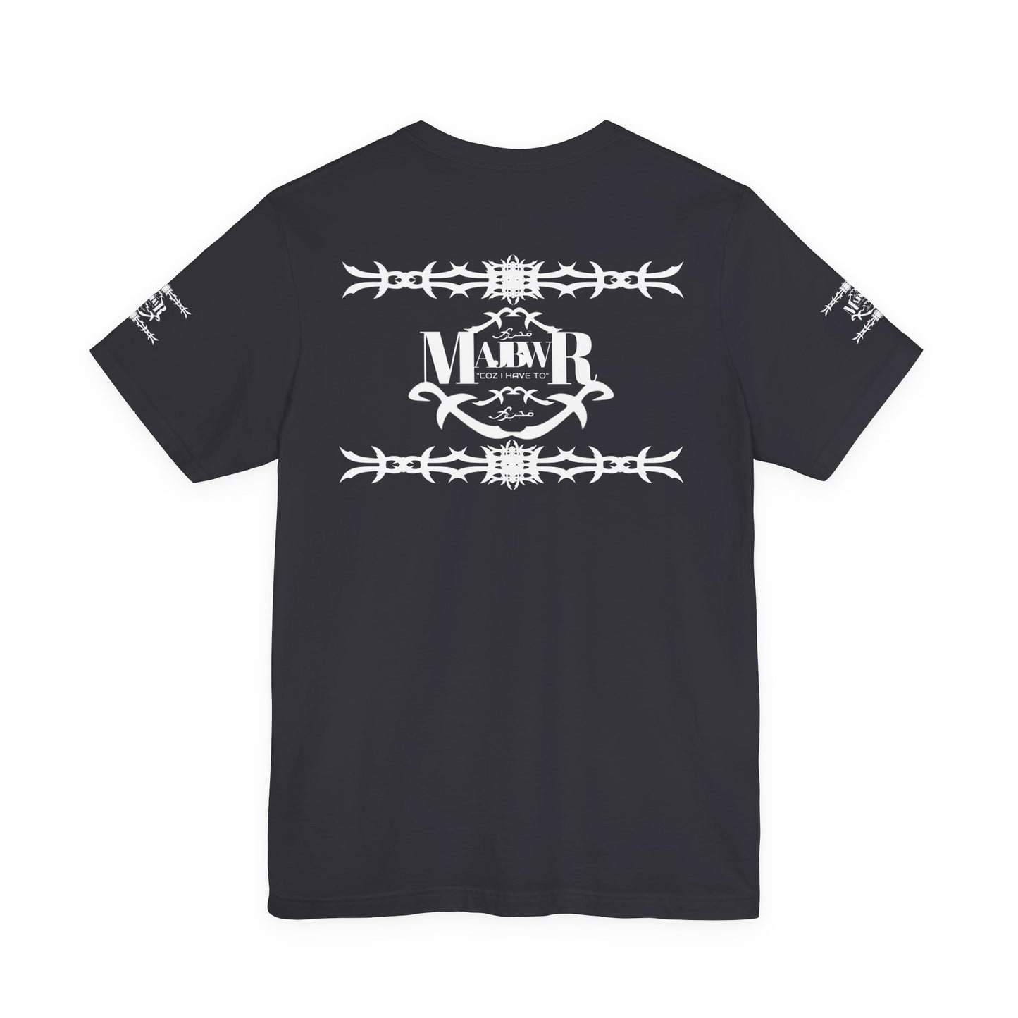 MAJBWR - AOP Shefnek Arabic Script Barbed Wire Tee — 'مجبور' Graphic T‑Shirt