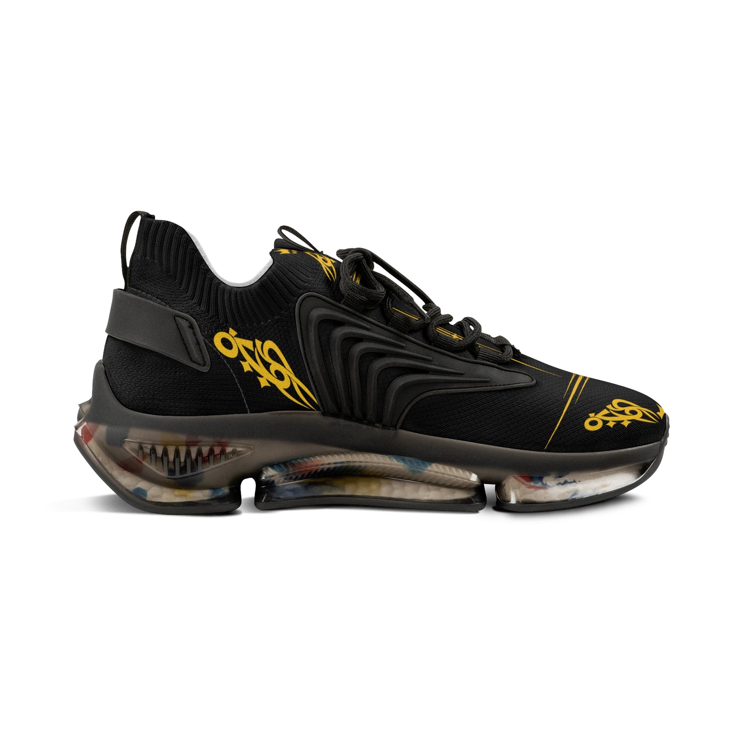 MAJBWR - Men's Mesh Sneakers — Black & Gold Athletic Casual Shoes with Graphic Script