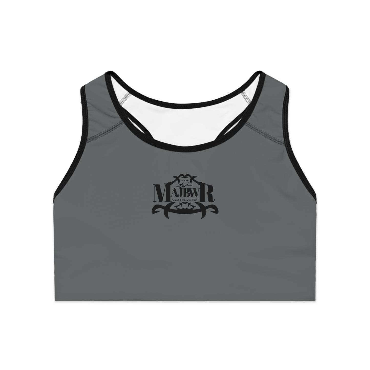 MAJBWR - Dark Grey Athletic Sports Bra — ‘Majbwr’ Script Logo Performance Crop Top