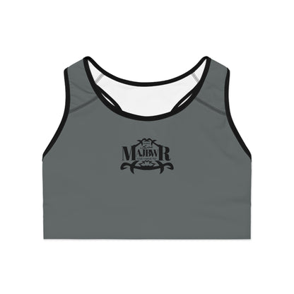MAJBWR - Dark Grey Athletic Sports Bra — ‘Majbwr’ Script Logo Performance Crop Top