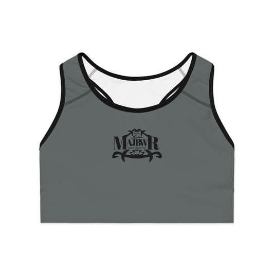 MAJBWR - Dark Grey Athletic Sports Bra — ‘Majbwr’ Script Logo Performance Crop Top