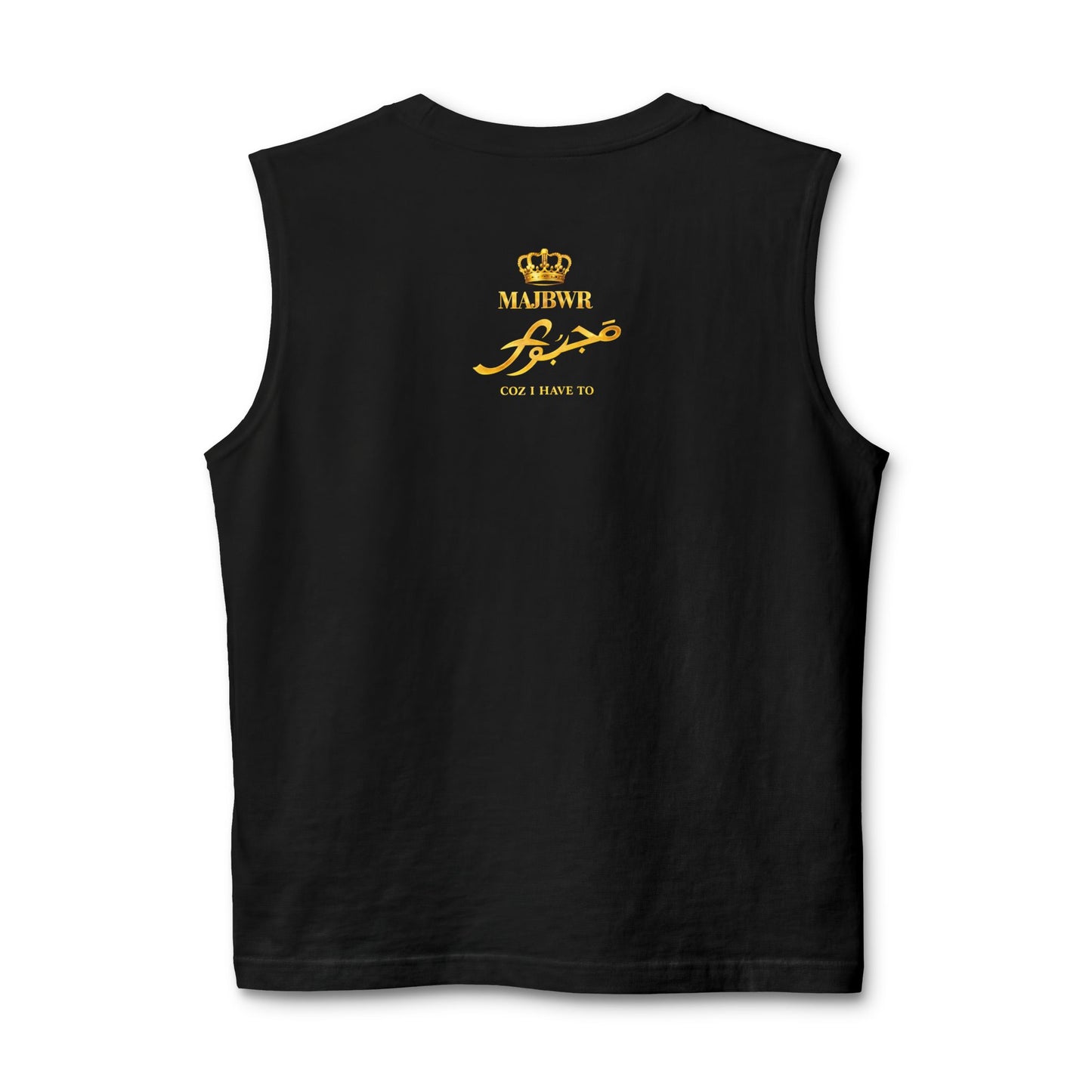 MAJBWR - Majesty Script Muscle Tank — Gold Crown Graphic Sleeveless Top