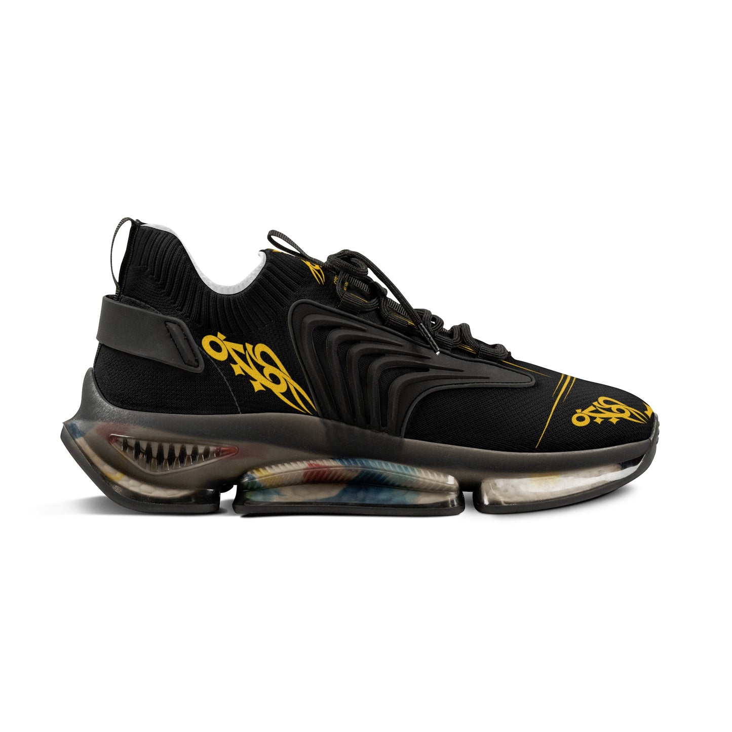 MAJBWR - Men's Mesh Sneakers — Black & Gold Athletic Casual Shoes with Graphic Script