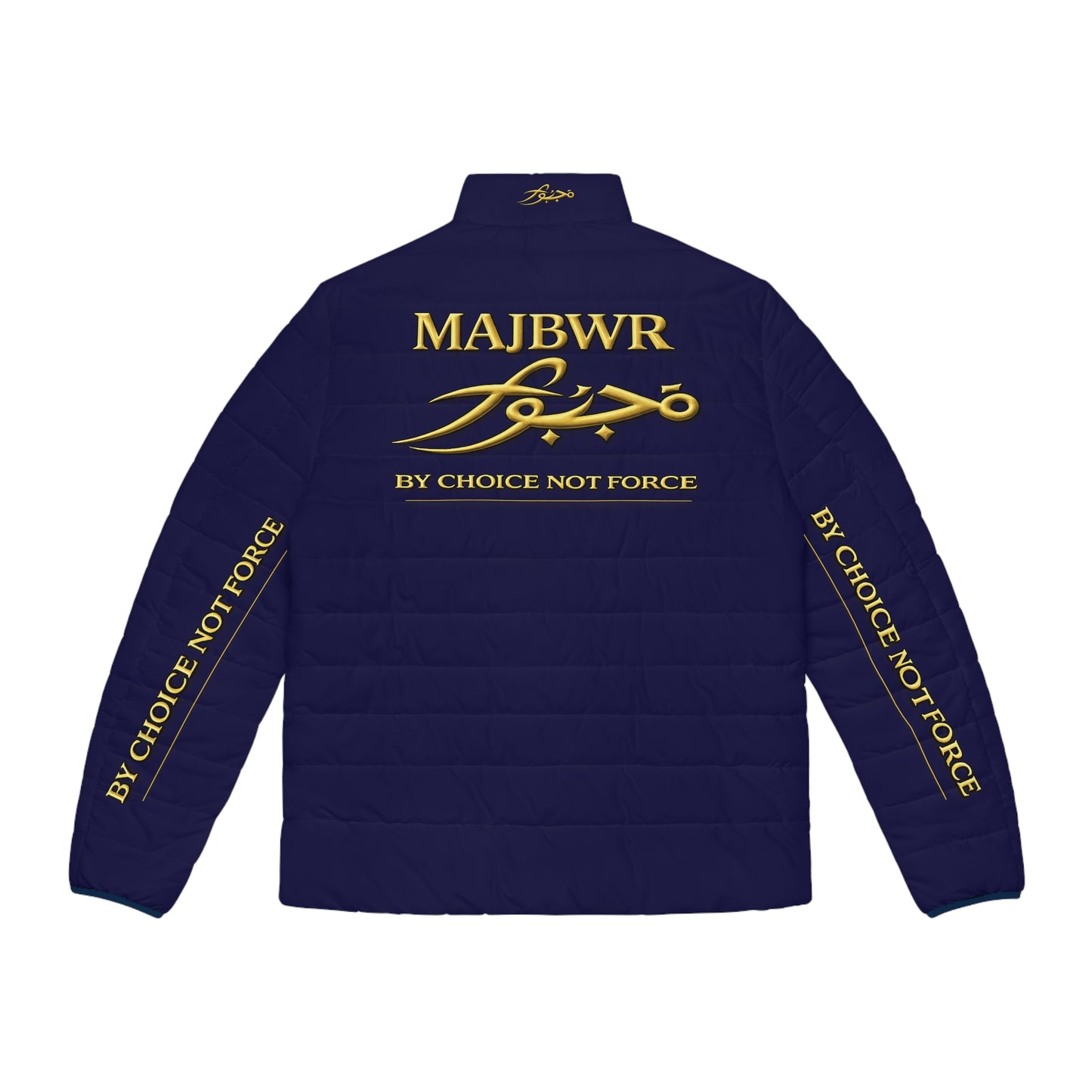 MAJBWR -Deep Purple Gold Script Puffer Jacket — "By Choice Not Force" Insulated Jacket Limited Edition