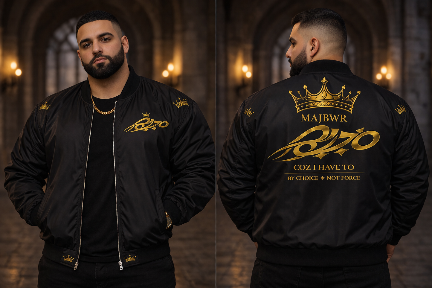 MAJBWR - King Crown Bomber Jacket – "Coz I Have To" Gold Script AOP