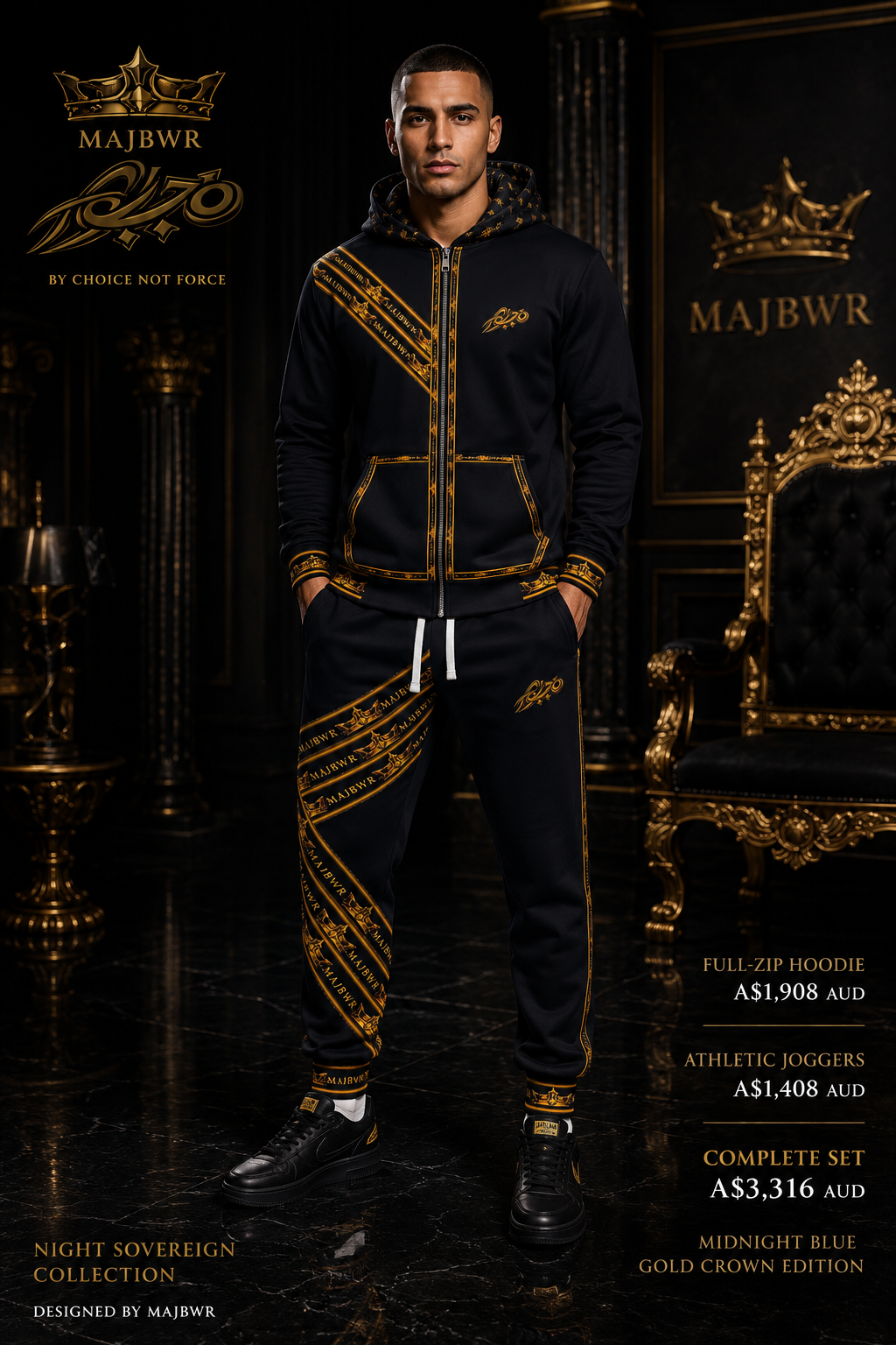 MAJBWR - Midnight Blue Gold Crown Full-Zip Hoodie — Night Sovereign Edition