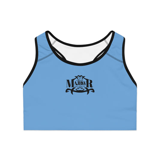 MAJBWR - Baby Blue Athletic Sports Bra — ‘Majbwr’ Script Logo Performance Crop Top