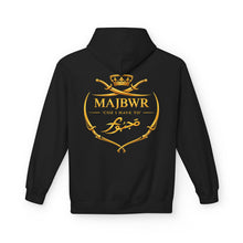 Majbwr Arabic Calligraphy Hoodie — Gold Crest 'MAJBWR' Graphic Pullover