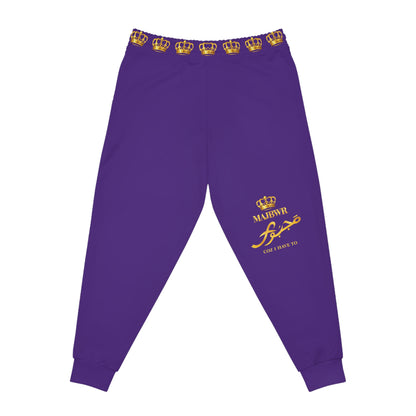 MAJBWR Royal Script Athletic Joggers — Purple & Gold AOP