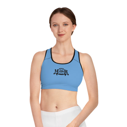 MAJBWR - Baby Blue Athletic Sports Bra — ‘Majbwr’ Script Logo Performance Crop Top