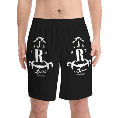 MAJBWR - Men's Black Anchor Crest Beach Shorts — Nautical Half-Pattern Swim Trunks