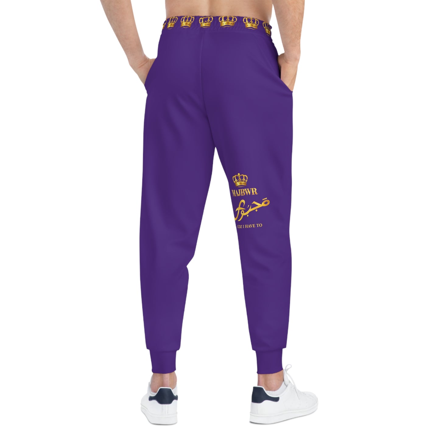 MAJBWR Royal Script Athletic Joggers — Purple & Gold AOP