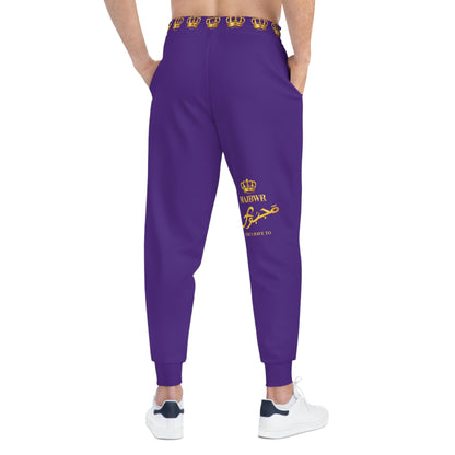 MAJBWR Royal Script Athletic Joggers — Purple & Gold AOP