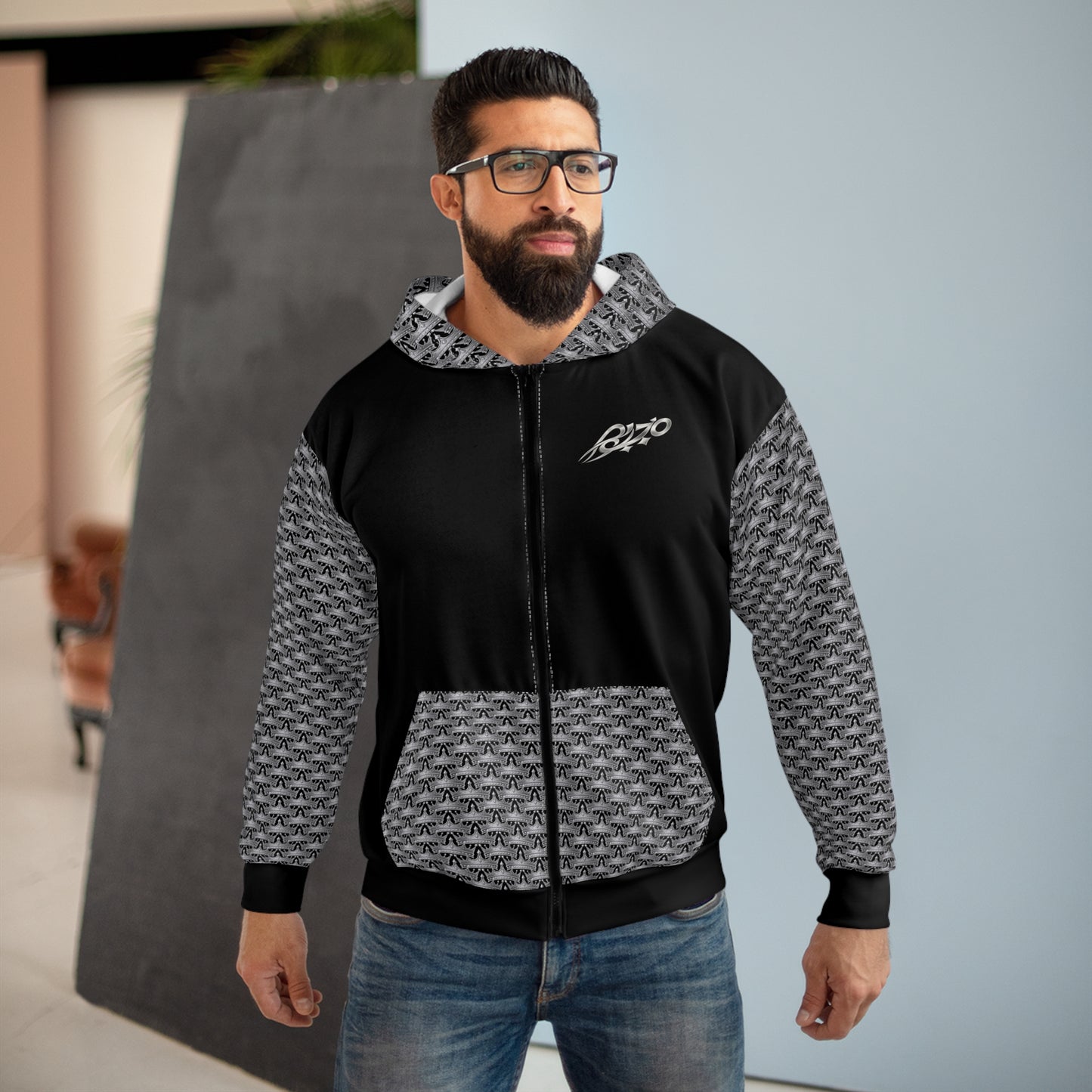 MAJBWR - Zip Hoodie —  Crown Logo Black & Grey Graphic Zip-Up