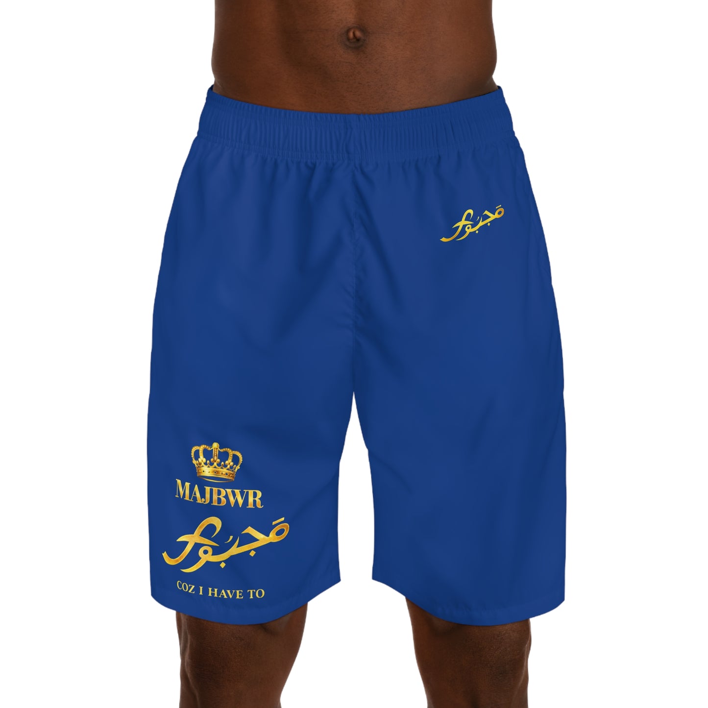 Men's Dark Blue & Gold Jogger Shorts — "Coz I Have To" Athletic Pattern