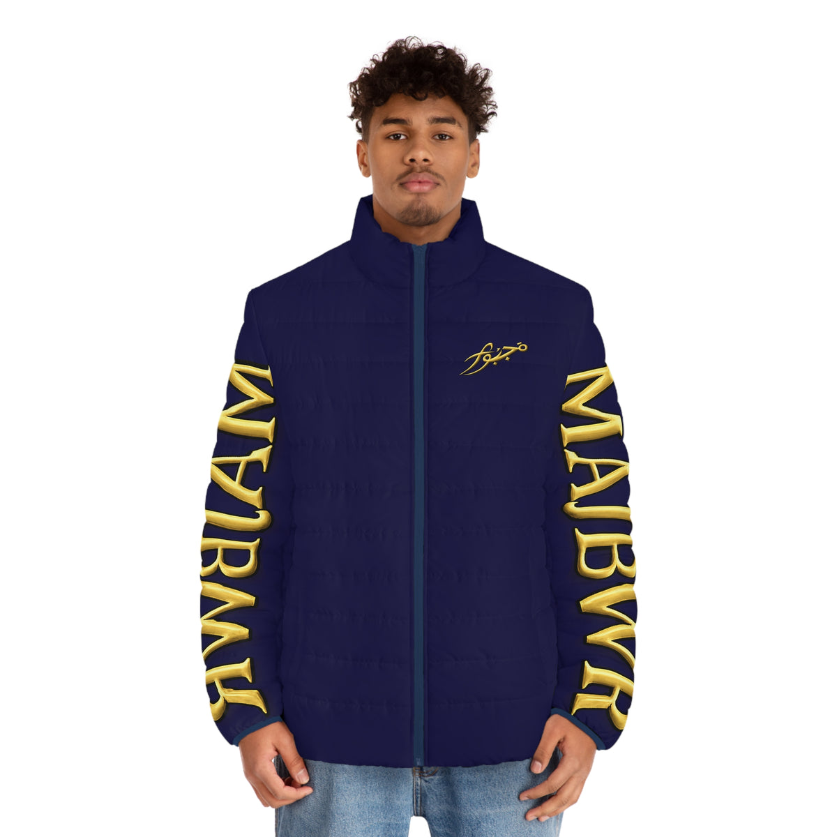 MAJBWR - Blue Gold Script Puffer Jacket — "By Choice Not Force" Insulated Jacket Limited Edition