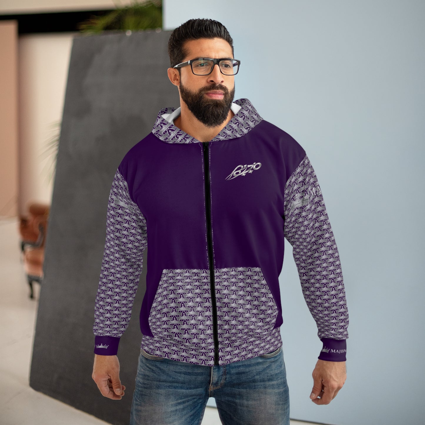 MAJBWR - Purple Ghost White Crown Graphic Zip-Up Hoodie