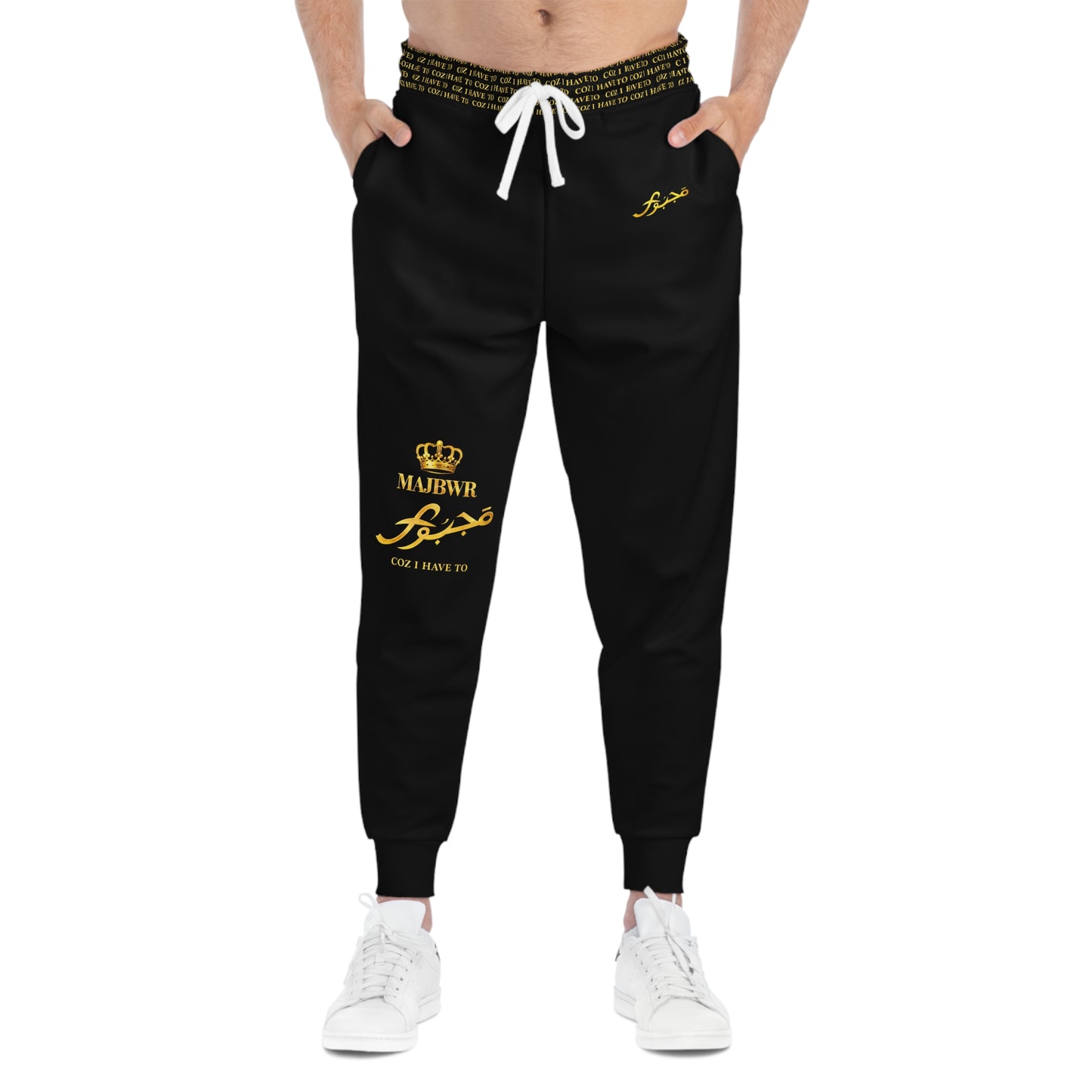 MAJBWR - Royal Script Athletic Joggers — Black & Gold All-Over Print