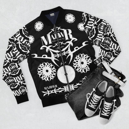 MAJBWR - Black Tribal Graphic Bomber Jacket — MAJBWR Logo All-Over Print