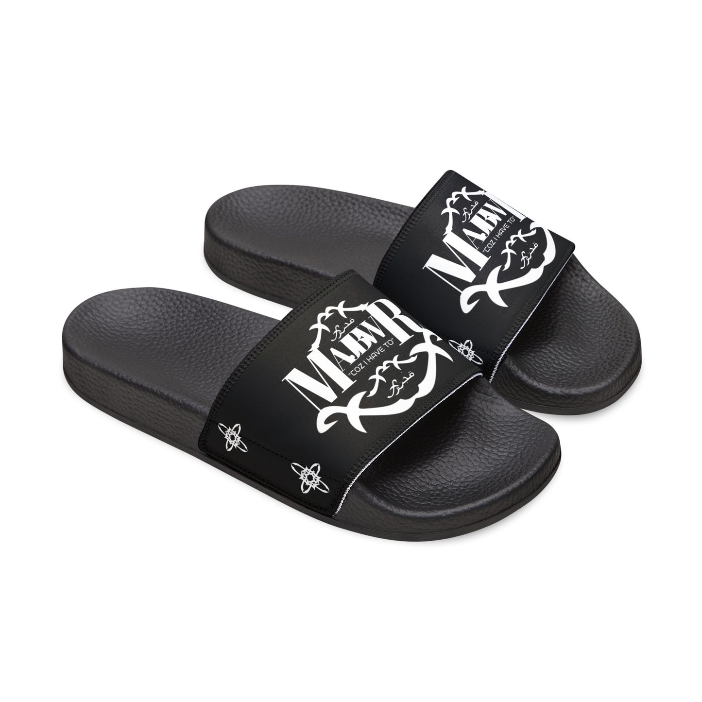 MAJBWR - Men's Graphic Slide Sandals — Black Script Logo Removable-Strap Pool Slides