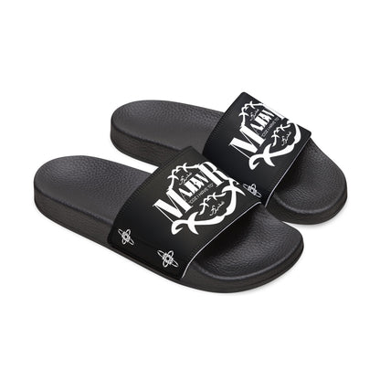 MAJBWR - Men's Graphic Slide Sandals — Black Script Logo Removable-Strap Pool Slides