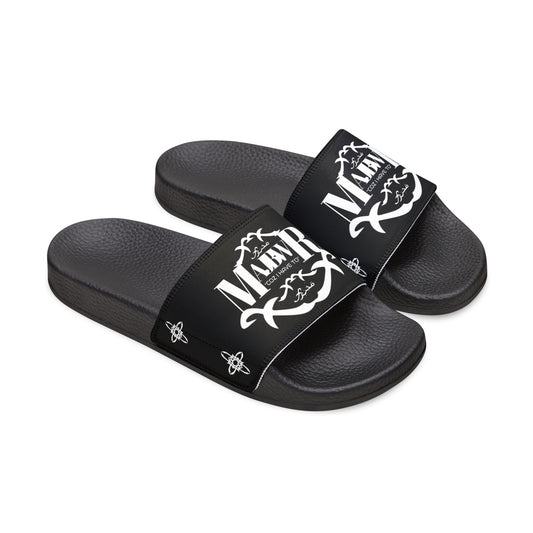 MAJBWR - Men's Graphic Slide Sandals — Black Script Logo Removable-Strap Pool Slides