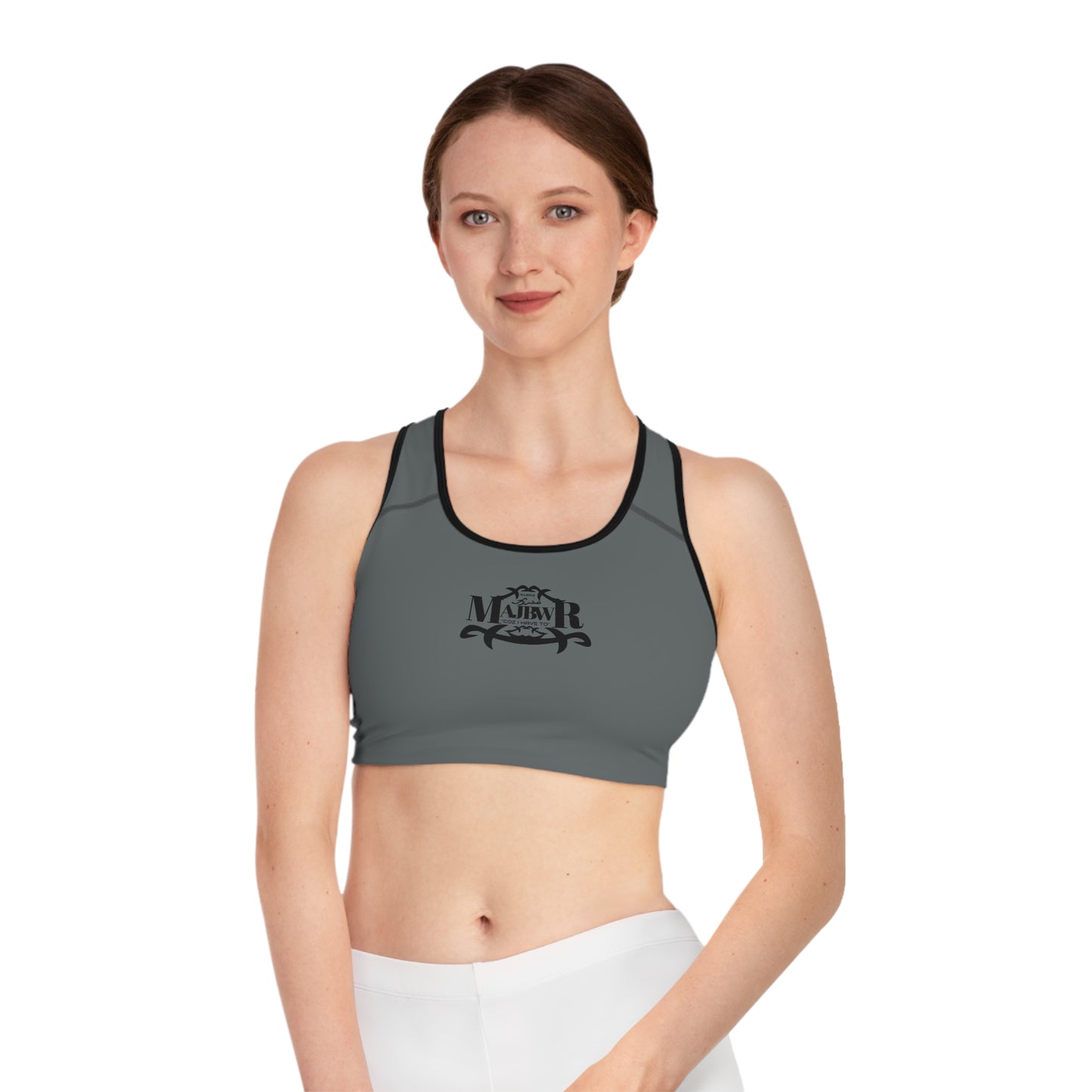 MAJBWR - Dark Grey Athletic Sports Bra — ‘Majbwr’ Script Logo Performance Crop Top