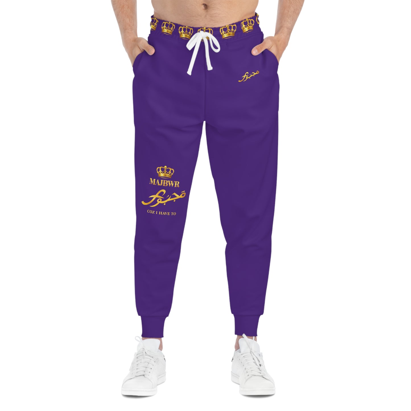 MAJBWR Royal Script Athletic Joggers — Purple & Gold AOP